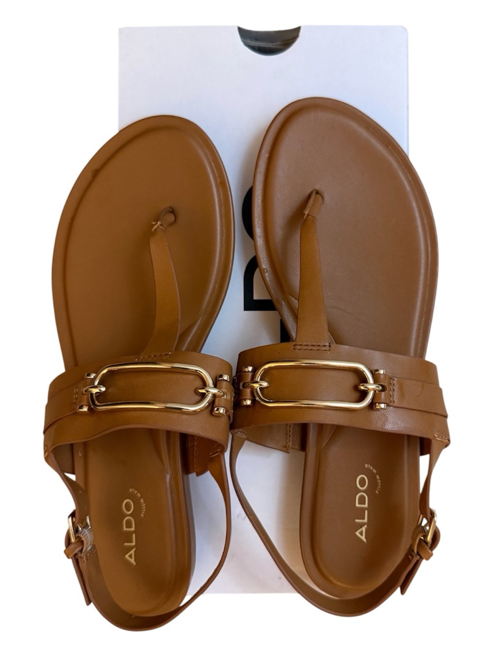 ALDO Brown faux Leather Gold-Accent T-Strap Sandals